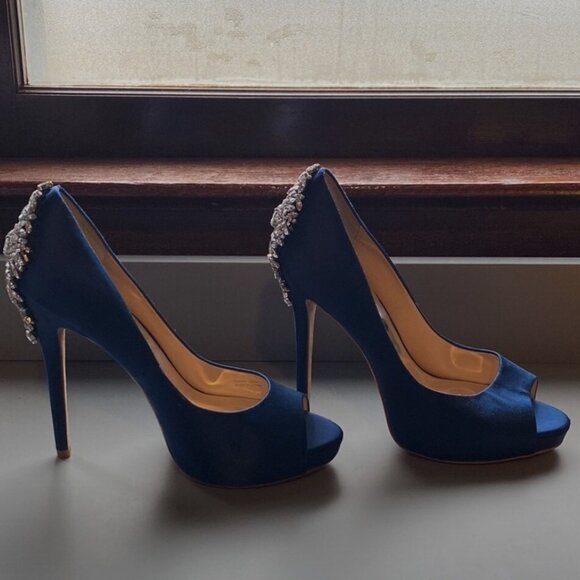 Badgley Mischka Women's Kiara Pumps Peep Toe Sapphire Satin Shoes Heels - Picture 3 of 5